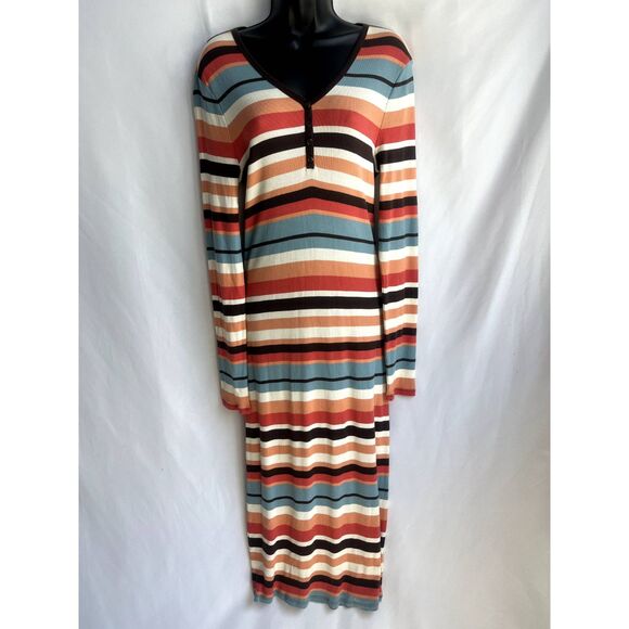 O'neill Striped Rib Knit Midi Multicolor Dress sz L Essential Classic Retro - Picture 1 of 10